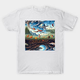 Metamorphosis Skies: A Surreal Landscape of Birds, Fish, and Reptiles in Transformation T-Shirt